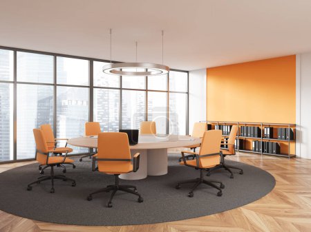 Photo for Interior of modern meeting room with white and orange walls, wooden floor, round conference table with orange chairs and cabinet with folders. 3d rendering - Royalty Free Image