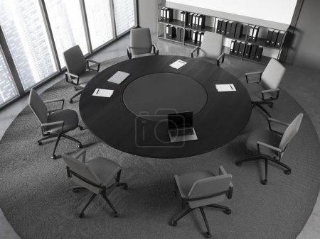 Photo for Top view of stylish meeting room with white and gray walls, concrete floor, round conference table with gray chairs and cabinet with folders. 3d rendering - Royalty Free Image