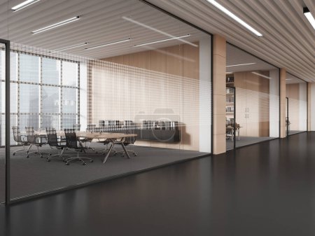 Foto de Esquina del moderno hall de oficinas con paredes blancas, de madera y vidrio, suelo de moqueta gris, sala de reuniones con mesa de conferencias larga con sillas grises y gabinete con carpetas. renderizado 3d - Imagen libre de derechos
