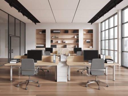 Stylish modern office interior with armchairs and pc computer on work desk, hardwood floor. Business coworking room with panoramic window on city view. 3D rendering
