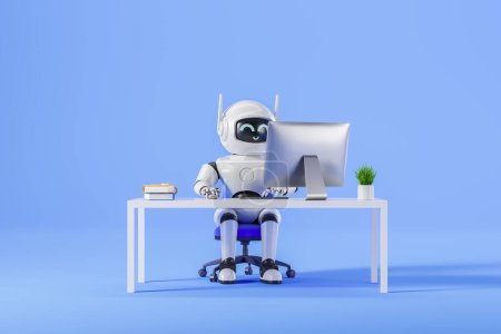 Photo for View of white artificial intelligence robot using computer sitting at office table over blue background. Concept of machine learning and employment. 3d rendering - Royalty Free Image