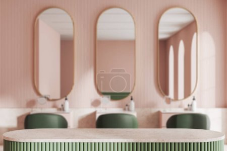 Photo for View of pink and green product display table standing in blurry hairdressing salon with pink walls and row of green client chairs with mirrors in front of them. 3d rendering, copy space - Royalty Free Image