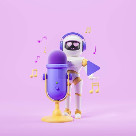 Téléchargez les photos : Robot d'intelligence artificielle dans les écouteurs debout près de gros microphone et bouton de lecture sur fond rose. Concept de baladodiffusion et d'application de streaming de musique. Rendu 3d - en image libre de droit