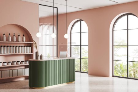 Photo for Pink stylish salon interior with reception desk and shelf with bottles, side view arch panoramic window on tropics. Barber shop with modern furniture on concrete floor. 3D rendering - Royalty Free Image