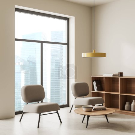 Photo for Beige chill interior with two armchairs and coffee table, side view, light concrete floor. Shelf with books and candle. Panoramic window on Singapore skyscrapers. 3D rendering - Royalty Free Image