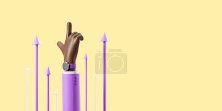 Téléchargez les photos : Main de dessin animé africaine avec doigt pointant vers le haut, flèches montantes violettes sur fond jaune. Concept de réussite et de développement. Espace de copie. rendu 3D - en image libre de droit