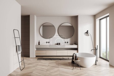 Beige Badezimmerausstattung mit Doppelwaschbecken und Badewanne, Handtuchhalter und Lampe auf Hartholzboden. Panoramafenster auf Tropenblick. 3D-Rendering