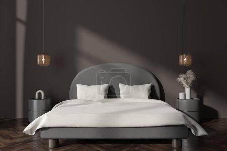 Photo for Front view on dark bedroom interior with bed, bedsides, pillows, houseplant, oak wooden hardwood floor, crockery. Concept of minimalist design. Space for creative idea. 3d rendering - Royalty Free Image