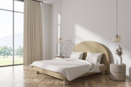 Photo for Corner view on bright bedroom interior with bed, bedsides, pillows, houseplant, oak wooden hardwood floor, panoramic window. Concept of minimalist design. Space for creative idea. 3d rendering - Royalty Free Image