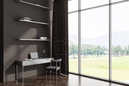 Photo for Dark living room with home office corner, side view, chair and table with laptop. Shelf with books and panoramic window on countryside. 3D rendering - Royalty Free Image