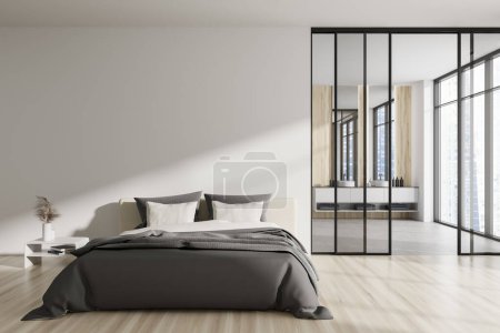 Photo for White studio flat interior with bedroom and double sink behind glass doors, panoramic window on Singapore skyscrapers. Mockup copy space wall. 3D rendering - Royalty Free Image