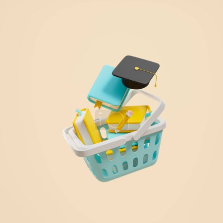 Téléchargez les photos : Panier avec livres et crayon, casquette de graduation sur fond beige. Concept de shopping et d'éducation. rendu 3D - en image libre de droit