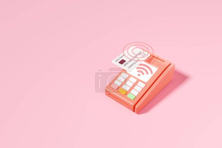 Téléchargez les photos : Carte de crédit et borne POS avec wifi à l'écran, fond rose. Concept de paiement sans fil. Espace de copie. rendu 3D - en image libre de droit