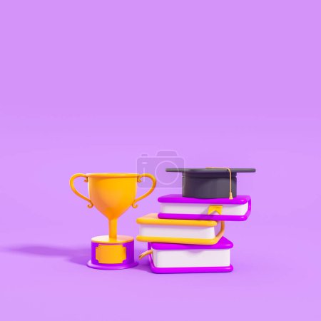 Téléchargez les photos : Pile de livres, casquette de graduation et coupe championne d'or sur fond violet. Concept d'éducation et de réussite. rendu 3D - en image libre de droit