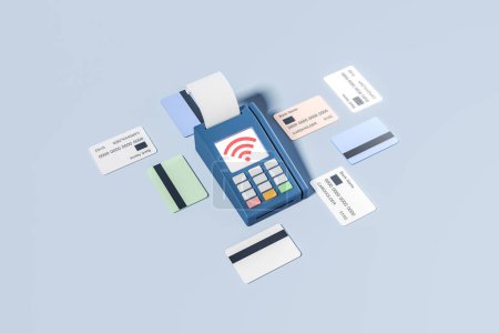 Photo for Blue POS terminal with wifi on screen and receipt, different credit cards on blue background. Concept of contactless payment. 3D rendering - Royalty Free Image