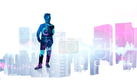 Téléchargez les photos : Homme d'affaires arabe pensif silhouette pleine longueur avec analyse forex colorée, double exposition, silhouette skyline Singapour. Concept de Big Business Data - en image libre de droit