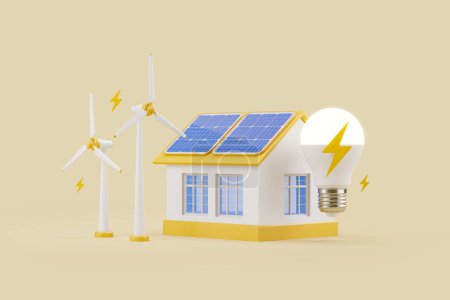 Téléchargez les photos : Maison intelligente avec panneaux solaires et centrale éolienne avec ampoule, fond beige. Concept d'énergie verte et de sources renouvelables. rendu 3D - en image libre de droit