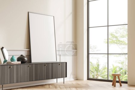 Photo for Beige living room interior with black wooden cabinet with art decoration, side view, stool on hardwood floor. Panoramic window on tropics. Mock up canvas poster. 3D rendering - Royalty Free Image