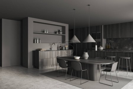 Photo for Dark kitchen interior with dining table and chairs, side view, bar island and kitchenware. Stylish cooking corner in modern minimalist apartment. 3D rendering - Royalty Free Image