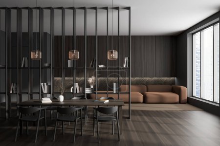 Photo for Dark meeting room interior with dining space and partition with decoration. Soft place with sofa on carpet. Panoramic window on city skyscrapers. 3D rendering - Royalty Free Image