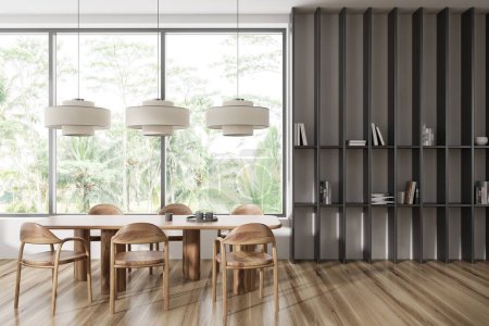 Photo for Light living room interior with eating area and chairs on hardwood floor, lamp and long shelf with books and decoration. Panoramic window on tropics view. 3D rendering - Royalty Free Image