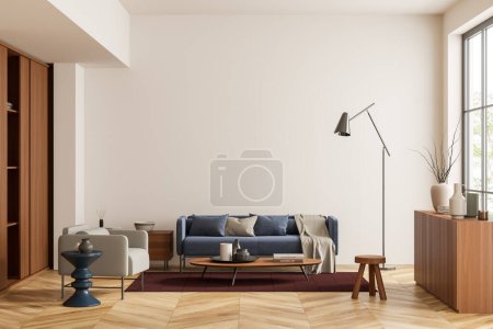 Photo for Beige living room interior with sofa and armchair, coffee table and drawer with art decoration, carpet on hardwood floor. Panoramic window and mockup copy space wall, 3D rendering - Royalty Free Image