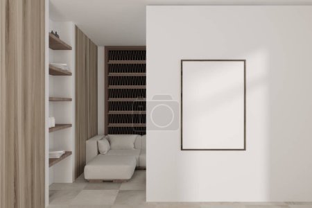 Foto de Salón interior blanco con sofá, estante con decoración minimalista, suelo de baldosa beige. Simular cartel de lona antes de la entrada. Renderizado 3D - Imagen libre de derechos