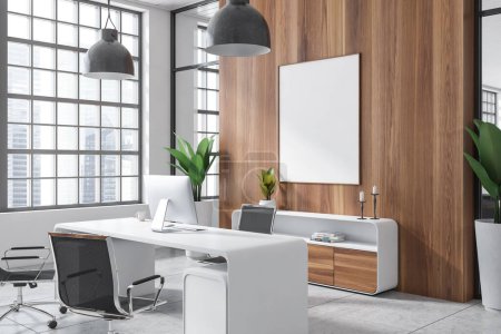 Photo for White office interior desk and pc computer, side view, panoramic window on skyscrapers. Workplace with drawer and decoration. Mockup canvas poster. 3D rendering - Royalty Free Image