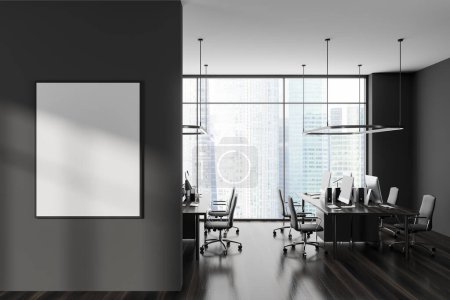 Photo for Dark workspace interior with armchairs, desk with pc computers on hardwood floor. Panoramic window on skyscrapers. Mock up canvas poster. 3D rendering - Royalty Free Image