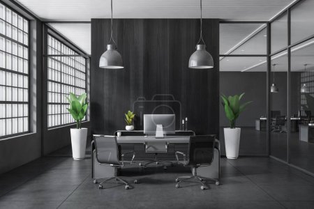 Photo for Dark consulting room interior with pc computer on desk, armchairs on grey concrete tile floor. Sideboard with minimalist decoration. Panoramic window and coworking area. 3D rendering - Royalty Free Image