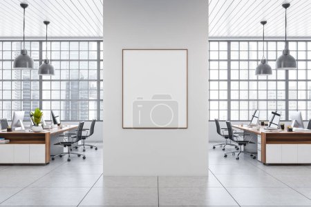 Photo for White coworking interior with pc computer on desk and armchairs in row. Office workspace with panoramic window on Singapore skyscrapers. Mockup canvas poster. 3D rendering - Royalty Free Image