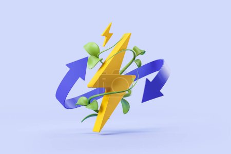 Foto de Relámpago destello, símbolo de energía con tallo de la planta y flecha sobre fondo azul. Concepto de energía renovable y ecología. Renderizado 3D - Imagen libre de derechos