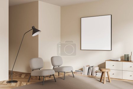 Photo for Beige living room interior sofa, side view, two armchairs and drawer with books and decoration, carpet on hardwood floor. Mock up square canvas poster. 3D rendering - Royalty Free Image