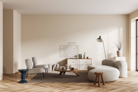 Foto de Interior de la sala de estar beige con sofá y sillones, mesa de centro con libros y decoración, alfombra en suelo de madera. Mockup copia de pared de espacio, renderizado 3D - Imagen libre de derechos