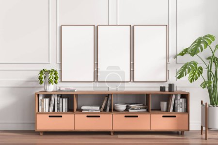 Photo for White living room interior with stylish sideboard and modern decoration on hardwood floor. Three mock up posters in row. 3D rendering - Royalty Free Image