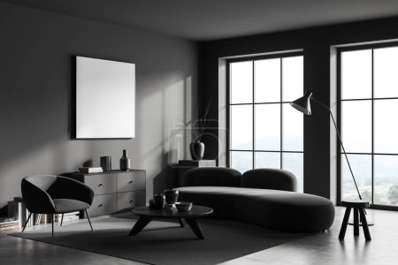 Photo for Dark living room interior sofa and armchair, side view, drawer with books and decoration, carpet on grey concrete floor. Panoramic window on countryside. Mock up canvas poster. 3D rendering - Royalty Free Image