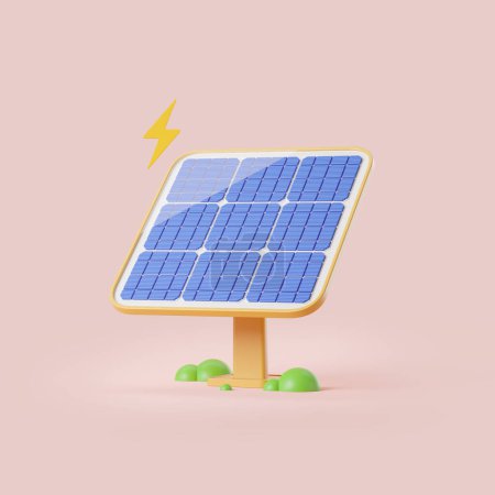 Photo for Cartoon solar panel and lightning on pink background. Concept of ecology and renewable energy. 3D rendering - Royalty Free Image