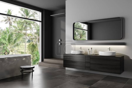 Photo for Dark bathroom interior with bathtub, shower and double sink. Stylish bathing area, side view on brown tile floor. Panoramic window on tropics. 3D rendering - Royalty Free Image