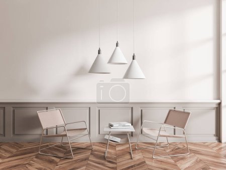 Foto de Interior del salón beige con sillones beige y mesa de centro, lámparas y libros. Zona de relax con muebles minimalistas. Renderizado 3D - Imagen libre de derechos