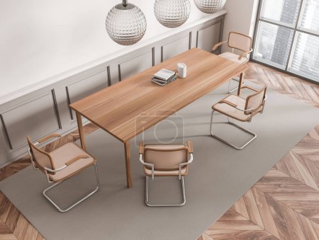 Photo for Top view of white living room interior with table and chairs on carpet, hardwood floor. Stylish eating corner with panoramic window and decoration. 3D rendering - Royalty Free Image