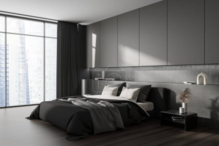 Photo for Corner view on dark bedroom interior with bed, bedsides, pillows, houseplant, wooden hardwood floor, panoramic window with Singapore view. Concept of minimalist design. Creative idea. 3d rendering - Royalty Free Image