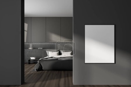 Photo for Front view on dark bedroom interior with bed, empty white poster, bedside, pillows, oak wooden hardwood floor, crockery. Concept of minimalist design. Space for creative idea. Mock up. 3d rendering - Royalty Free Image
