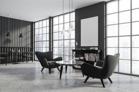 Eckblick auf modernes dunkles Café-Interieur mit leerem weißen Poster, Panoramafenster mit Blick auf den Wolkenkratzer der Stadt, Tische mit Sesseln, Betonboden. Konzept des minimalistischen Designs. Attrappe auf. 3D-Darstellung