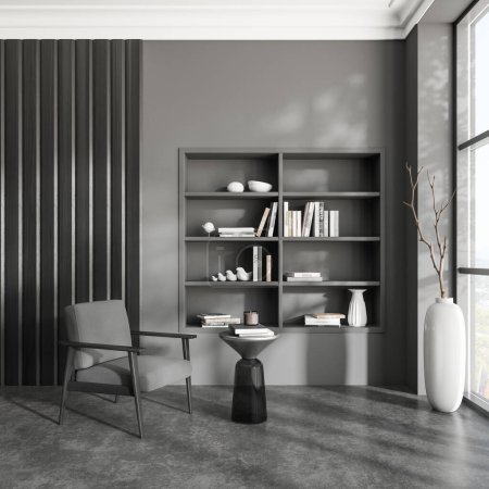 Photo for Front view on dark living room interior with armchair, shelves with books, grey wall, panoramic window, concrete floor and crockery. Concept of minimalist design, modern art. 3d rendering - Royalty Free Image