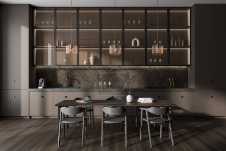 Photo for Front view on modern dark kitchen room interior with dining table, chairs, brown walls, oak wooden floor, cupboards, crockery, lamp. Concept of minimalist design. 3d rendering - Royalty Free Image