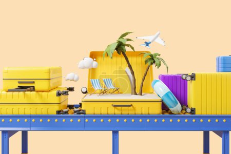 Foto de Vista de la maleta amarilla con playa y palmeras dentro sentadas en la cinta transportadora de equipaje del aeropuerto sobre fondo amarillo. Concepto de vacaciones, turismo y viajes. renderizado 3d - Imagen libre de derechos