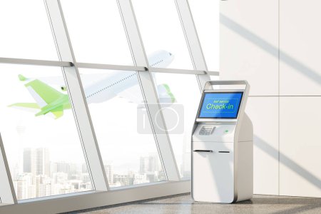 Téléchargez les photos : Borne d'enregistrement électronique numérique intérieure moderne de l'aéroport, borne libre-service pour le paiement des billets et des bagages, vue latérale. Fenêtre panoramique avec avion volant et Kuala Lumpur. rendu 3D - en image libre de droit