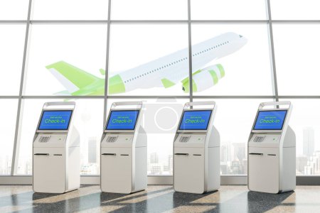 Photo for Interior of modern airport with row of self service check in kiosks for passengers and taking off airplane in panoramic window. Concept of tourism and traveling. 3d rendering - Royalty Free Image