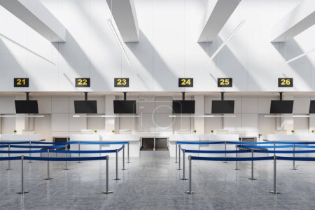 Téléchargez les photos : Zone d'enregistrement intérieure de l'aéroport léger, couloir vide avec ceinture de barrière de queue, sol en béton gris. Place d'enregistrement blanche avec affichages. rendu 3D - en image libre de droit
