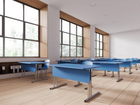 Téléchargez les photos : Intérieur de salle de classe blanche avec bureau bleu et chaises en rangée, vue latérale plancher de bois franc. Espace public minimaliste avec mobilier. Fenêtre panoramique sur vue tropicale. rendu 3D - en image libre de droit